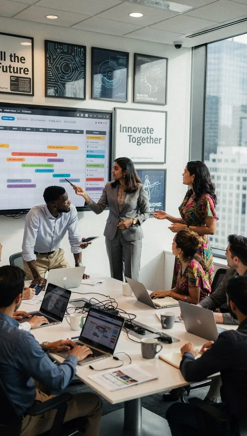 Remote team collaboration illustration with diverse professionals.